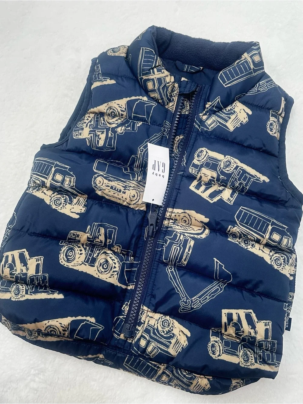 GAP Navy Puffer Vest with Tan Construction Print NWT 12-18 mo